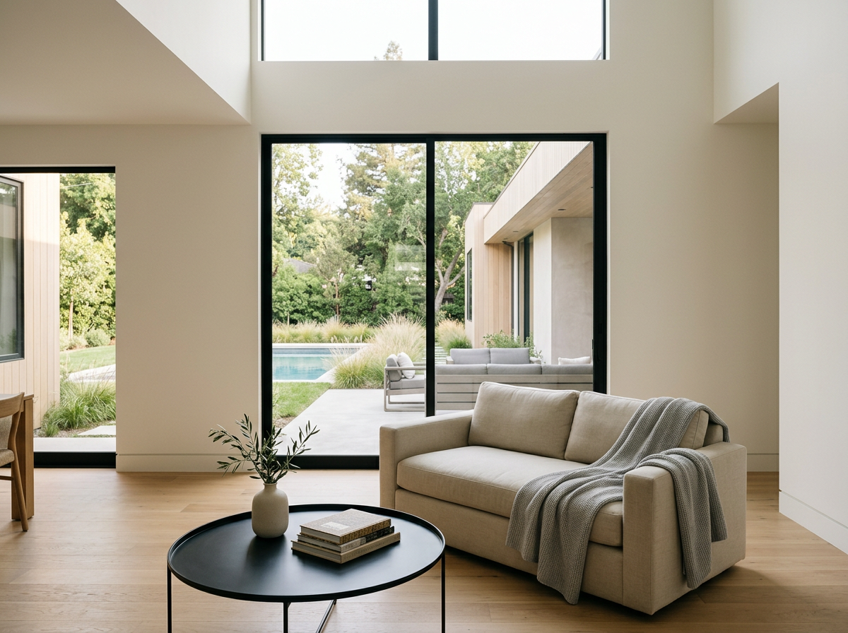 Living room with beige sofa, gray blanket, coffee table with books and vase, large glass doors opening to outdoor patio, garden, and pool area.