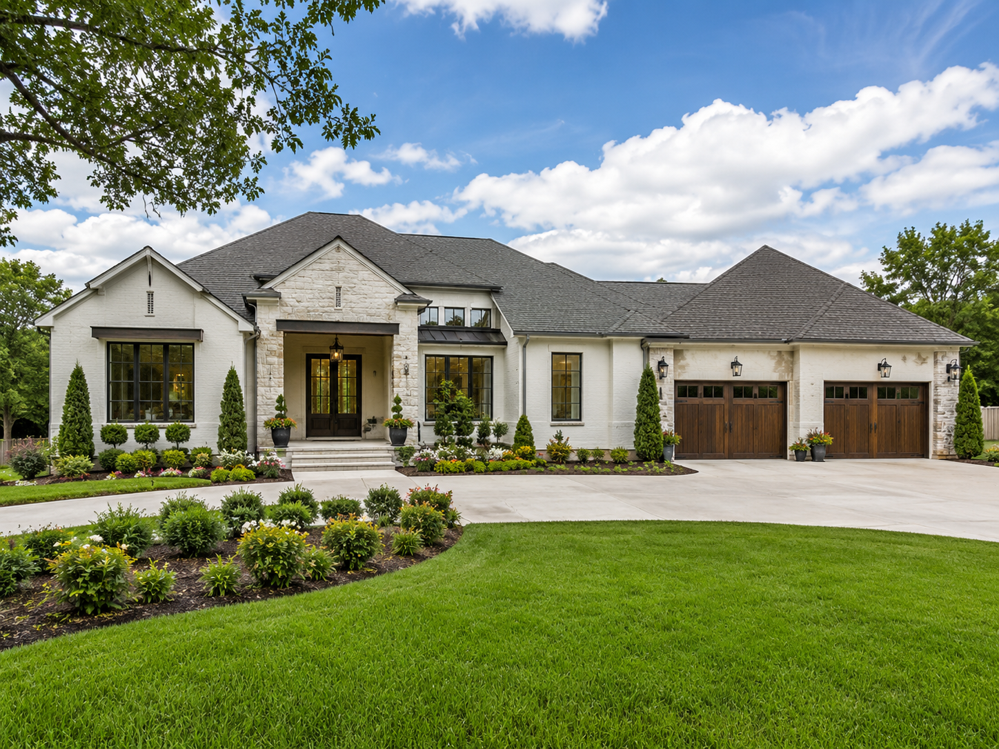 A modern, white brick house with dark brown wooden garage doors, surrounded by a well-maintained lawn and garden with various plants and flowers, under a partly cloudy sky.