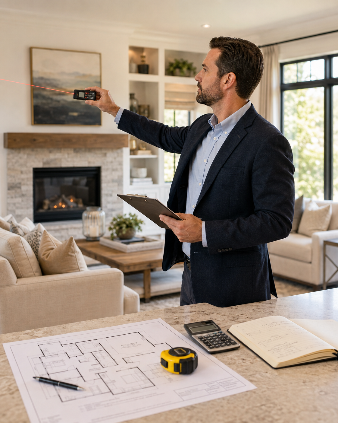 Man in a suit holding a remote control and clipboard inspecting blueprints in a modern living room with a fireplace.