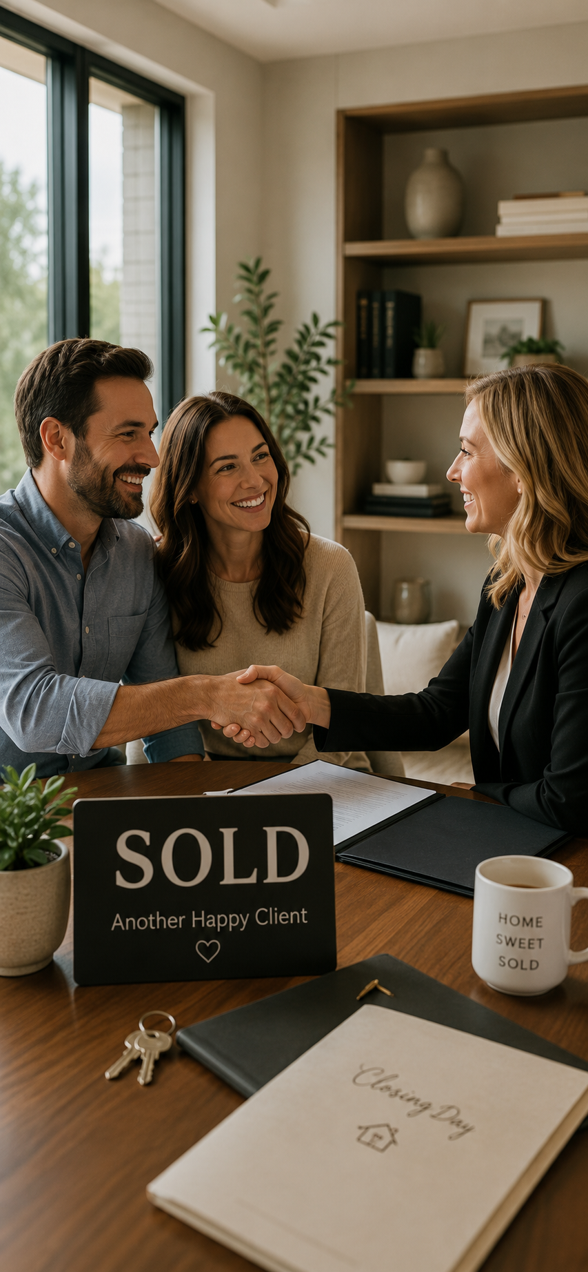 A real estate agent and a couple shaking hands in a house. The table has keys, a 'sold' sign, a closing day booklet, a coffee mug, and some documents.