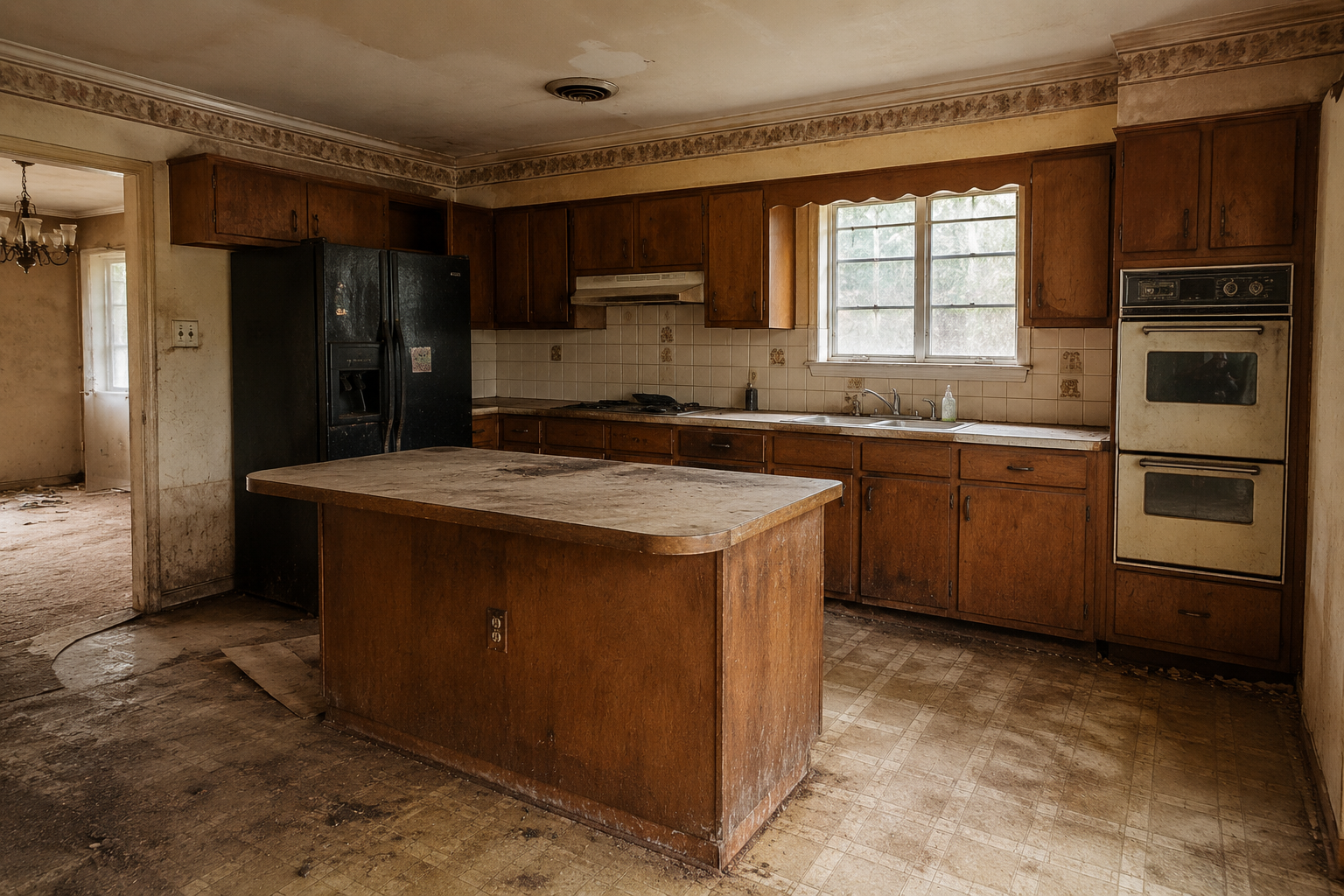 Old, dusty kitchen with wooden cabinets, a black refrigerator, a double oven, and a peeling linoleum floor.