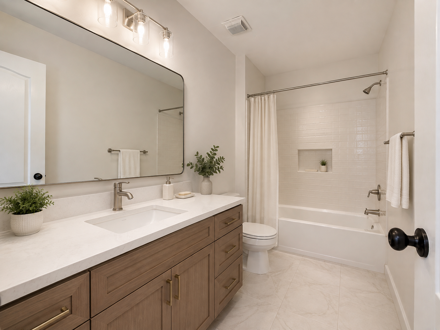 Modern bathroom with a large mirror, white countertop, wooden vanity, potted plants, a shower with a curtain, and beige tiled flooring.
