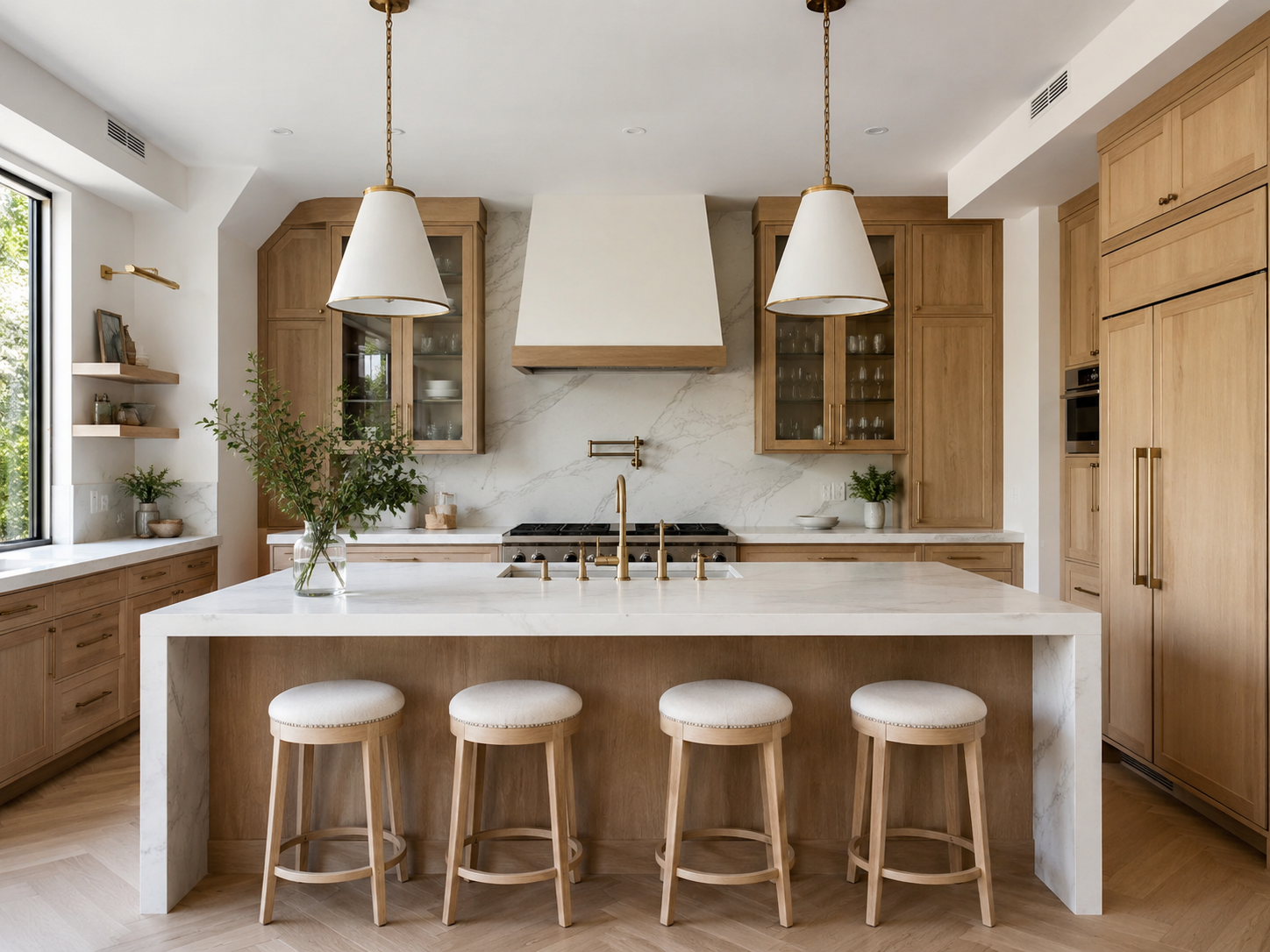Modern kitchen with white marble island, light wood cabinetry, gold fixtures, and a marble backsplash. Four beige stools are placed at the island, and pendant lights hang above.