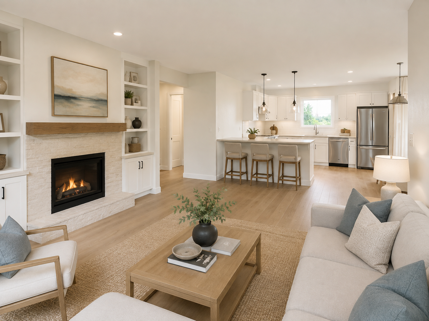 Open-concept living room and kitchen in a modern, neutral-colored home with a fireplace, built-in shelves, a kitchen island with three bar stools, and stainless steel appliances.