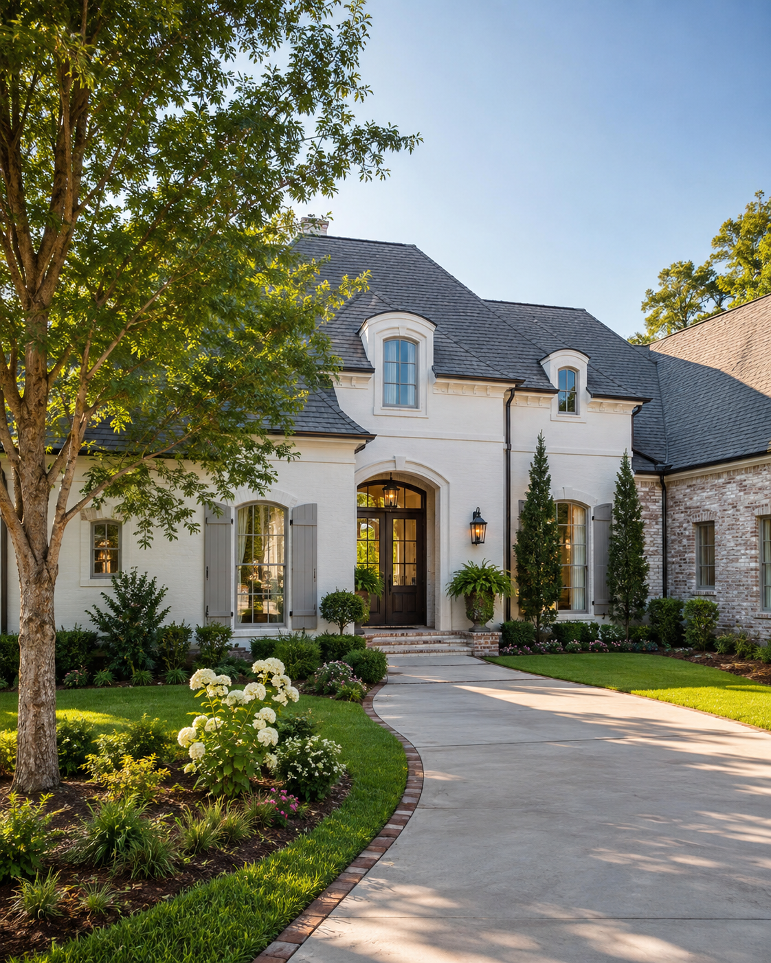 A white house with a dark roof, surrounded by landscaped garden and trees, with a curved concrete driveway leading to the front entrance.