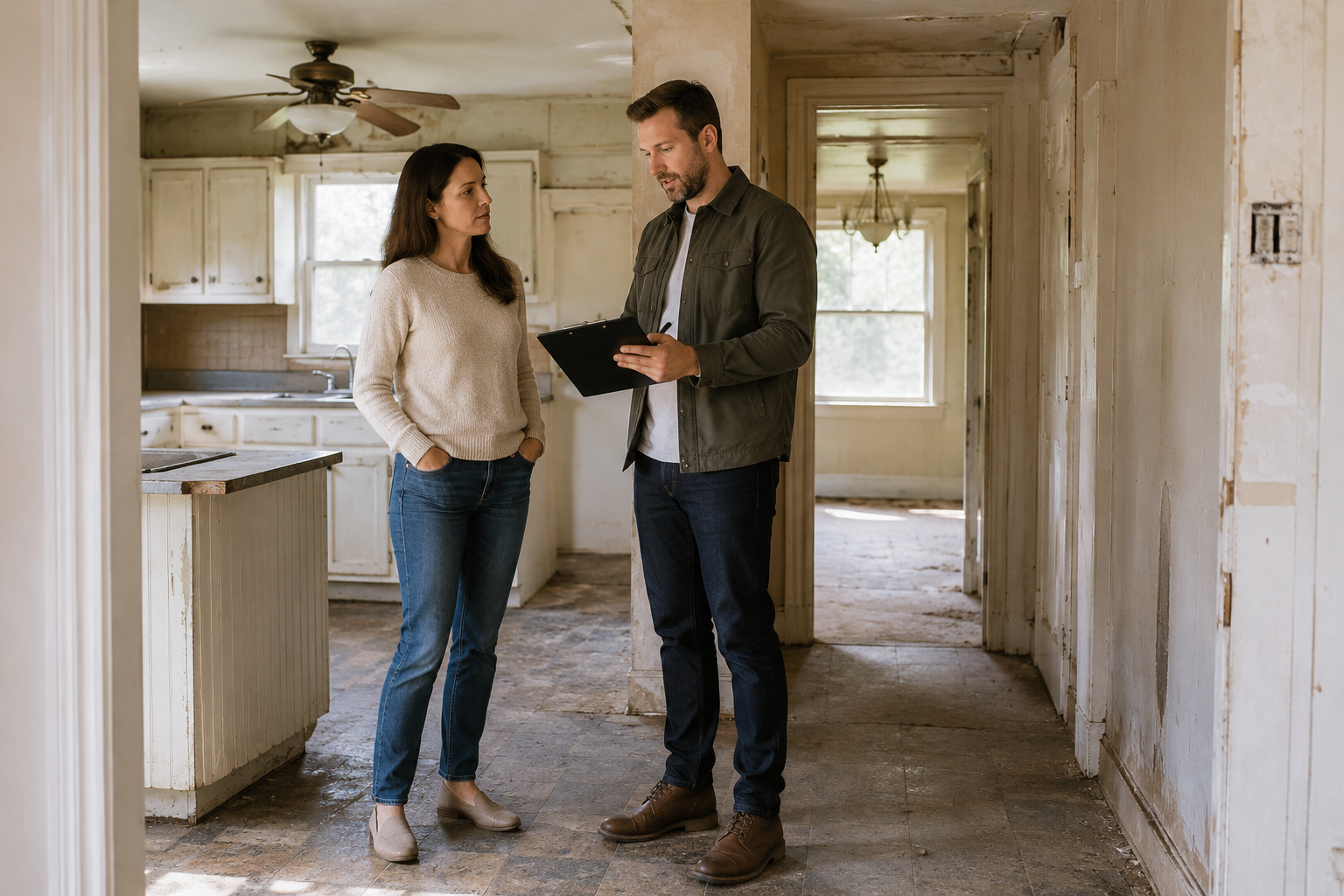 A man and a woman having a conversation inside an old, possibly abandoned house. The man is holding a clipboard, and they are standing near a kitchen area.