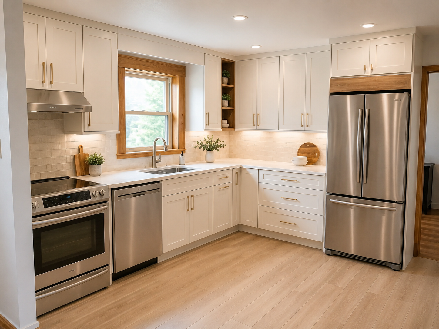 Modern kitchen with white cabinets, stainless steel appliances, a wooden window frame, and minimal decorative items.