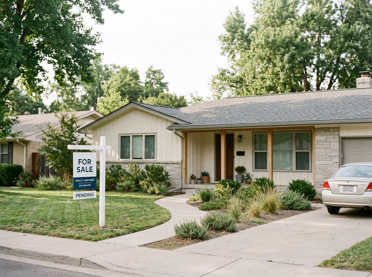 Single-story house with a 'For Sale' sign on the lawn, garden beds, a driveway with a parked car, and trees in the background.