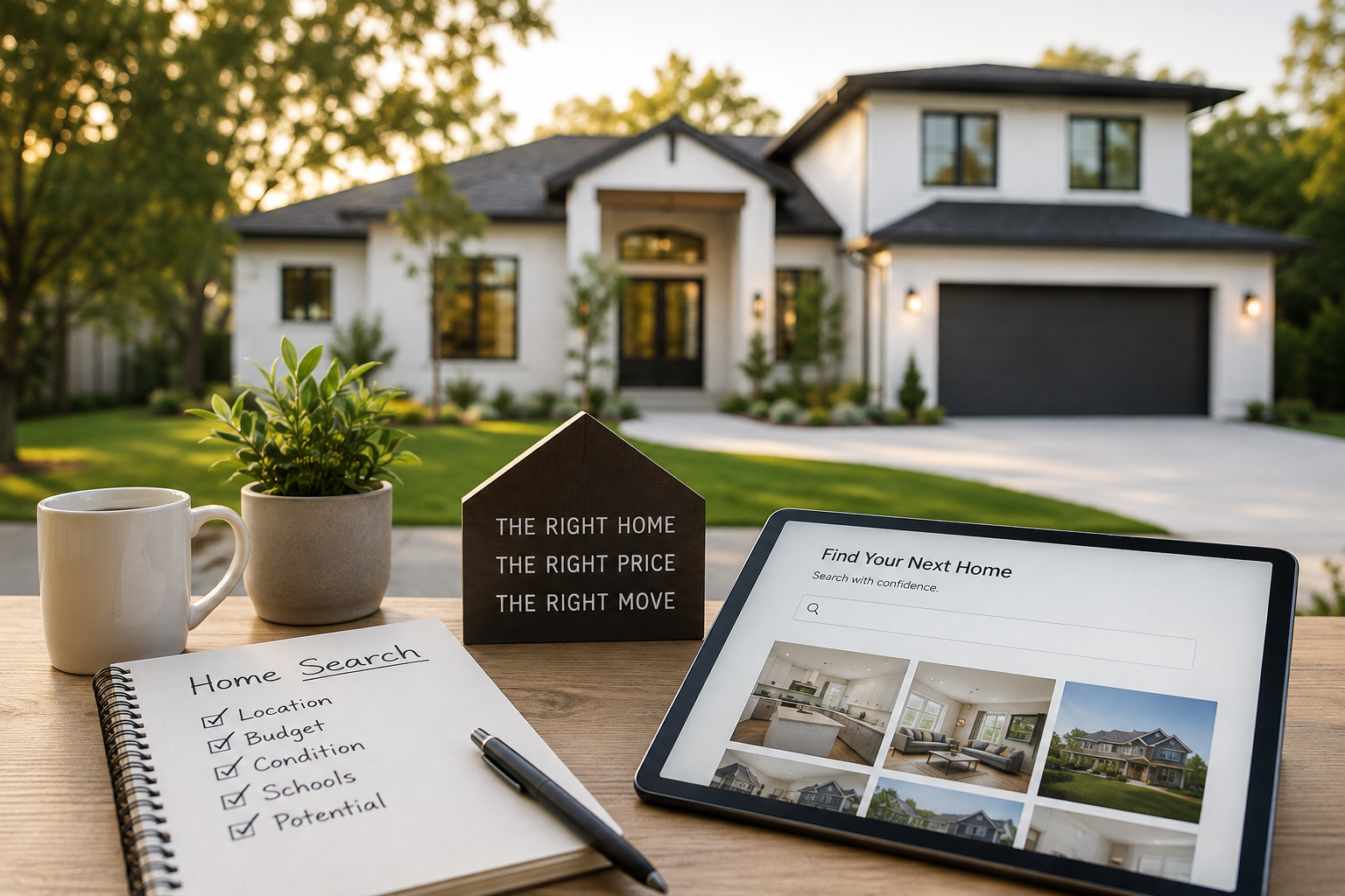 A house with a well-maintained yard in the background, a tablet showing home listings, a notebook with home search criteria, a potted plant, a coffee mug, and a black house-shaped sign that reads 'The right home, the right price, the right move.'