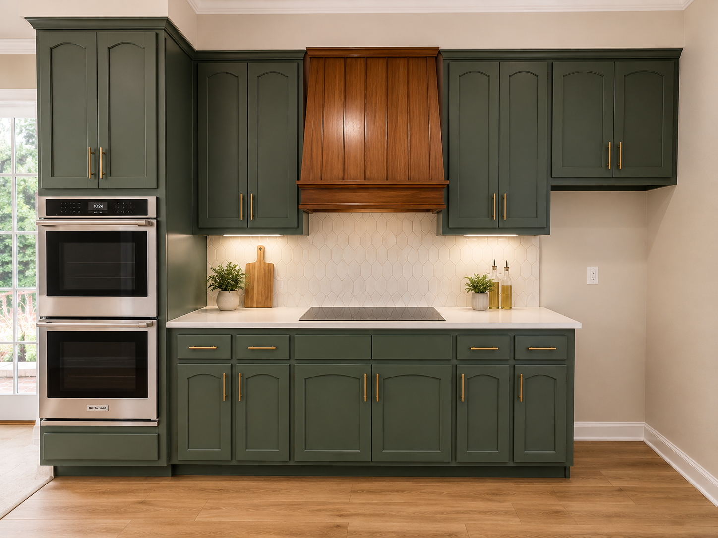 Kitchen with green cabinets, a wooden range hood, white countertop, electric cooktop, potted plants, bottles of oil, and an oven.