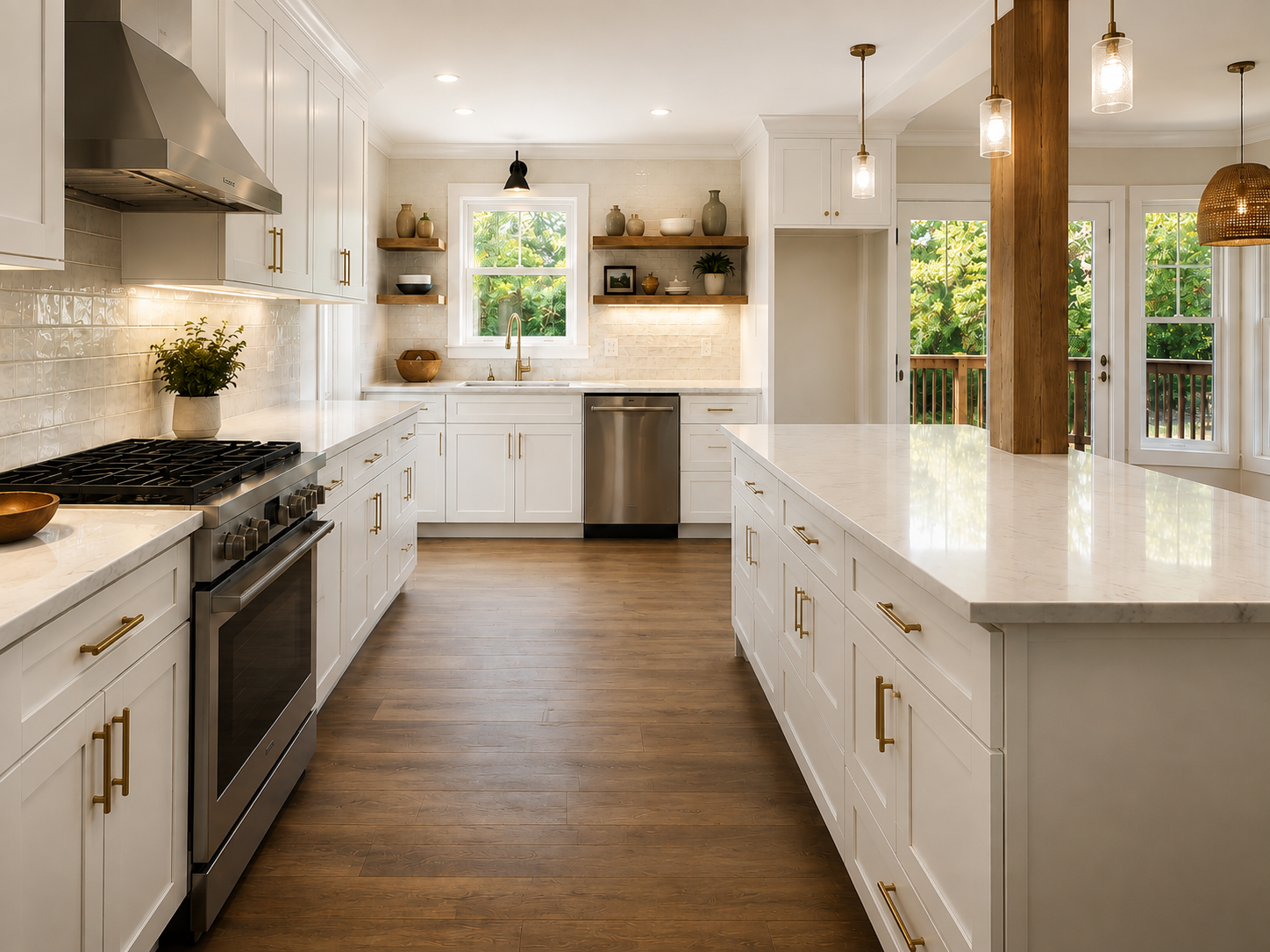 Modern kitchen with white cabinets, gold handles, wooden flooring, stainless steel appliances, open shelves with decor, central island with marble countertop, and large windows bringing in natural light.