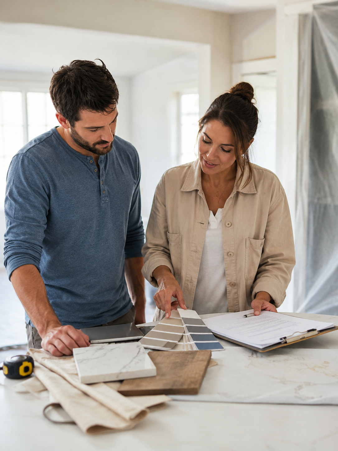 A man and woman discussing interior design, looking at color swatches and sample materials on a table.