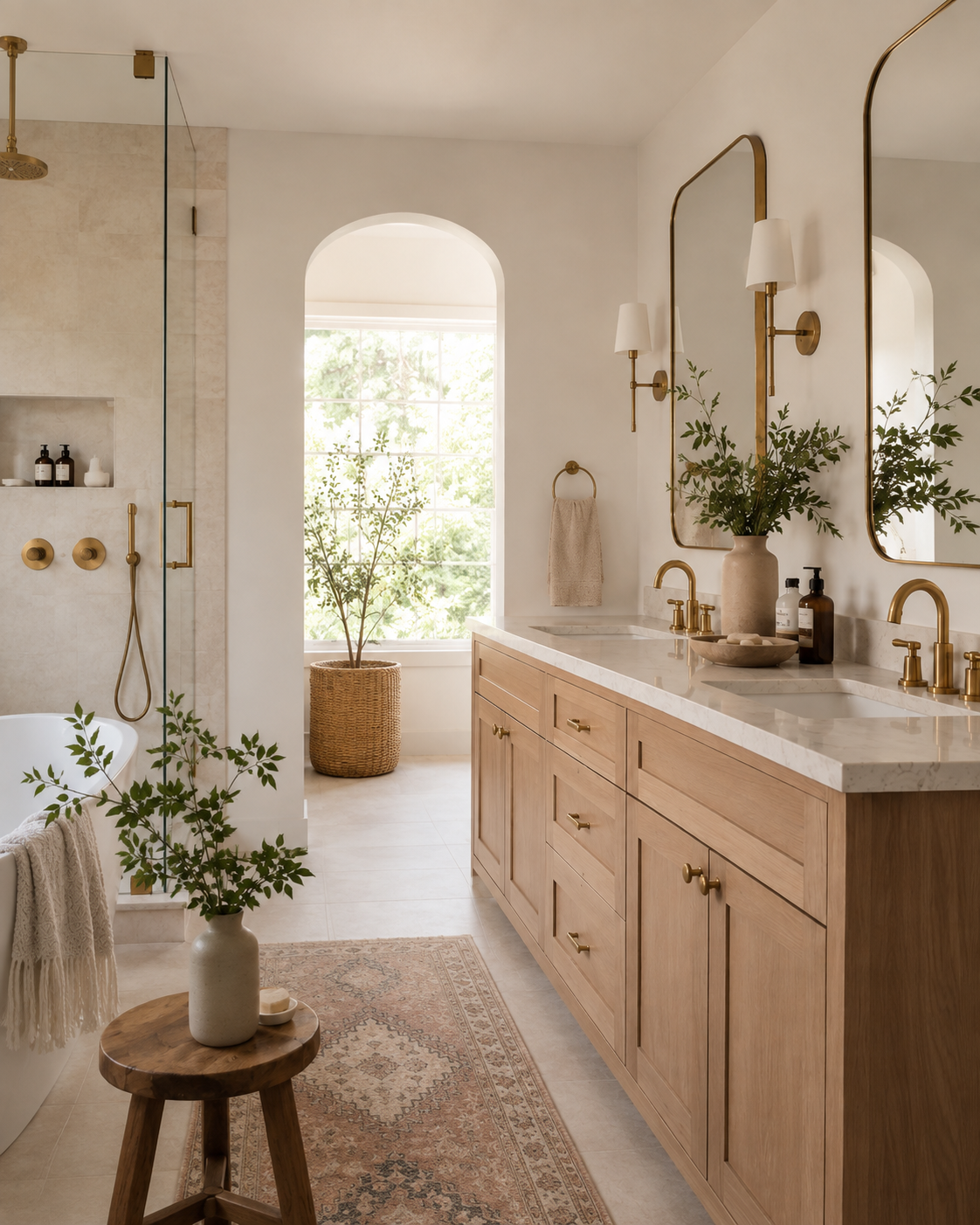 A bright, modern bathroom with a large window, wooden vanity with marble countertop, gold fixtures, two mirrors, plants, and a walk-in shower with a glass door.