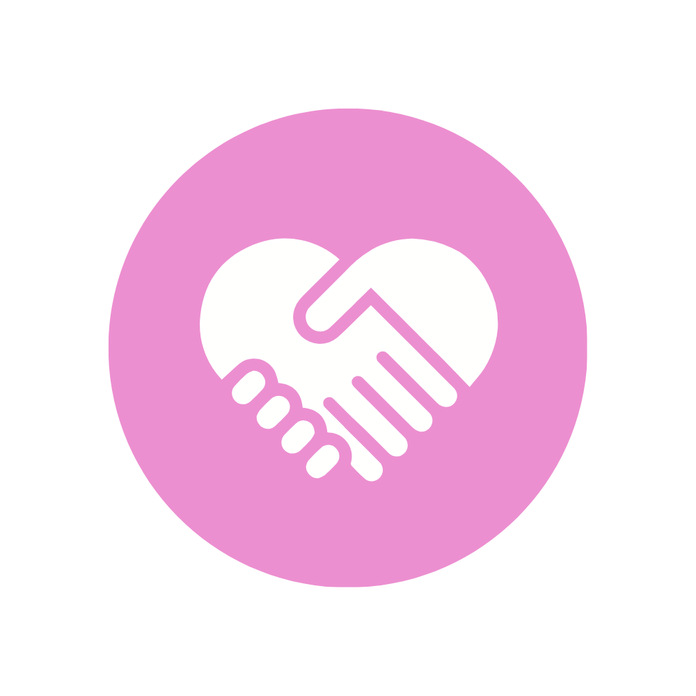 Pink circle with white handshake icon in the center.