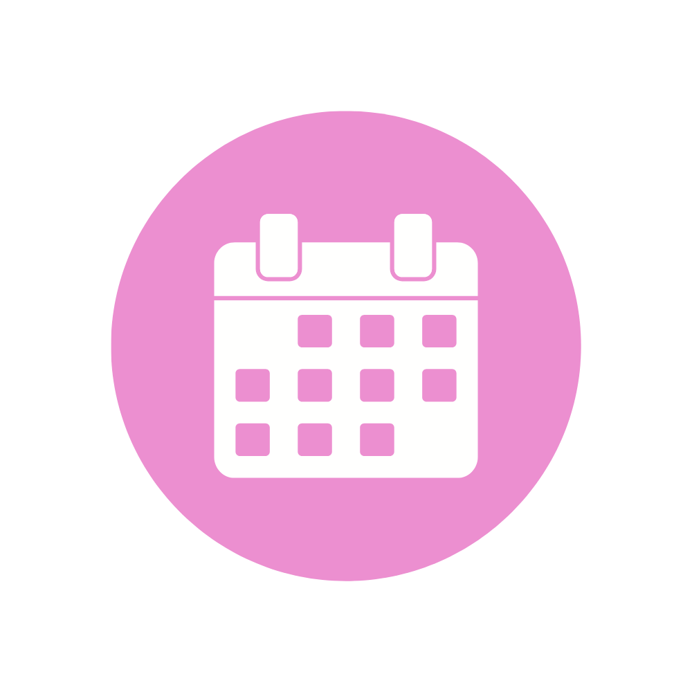 Calendar icon with pink background and white calendar symbol.