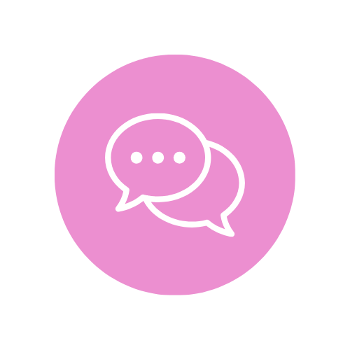 Pink chat bubble icon with three dots inside, on a purple circular background.