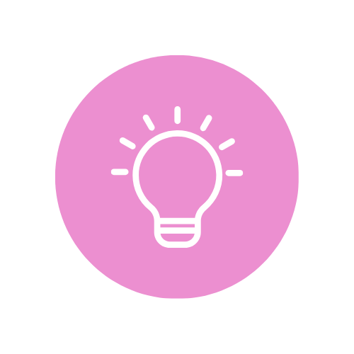 Light bulb icon with rays on a purple circular background.