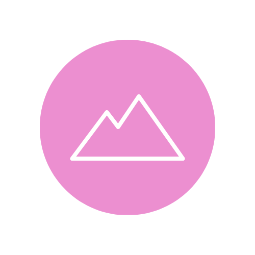 White mountain outline inside a pink circle.