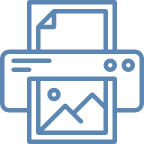 blue line icon of a printer in the process of printing out an image