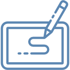 blue line icon of a pen or pencil drawing