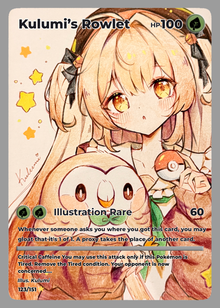a Pokémon card template featuring an illustration of Kotori holding a bird/owl looking Pokémon named Rowlet