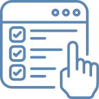 blue line icon of a hand selecting customization options on a screen