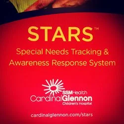 Red background with yellow text promoting the STARs Special Needs Tracking and Awareness Response System at Cardinal Glennon Children's Hospital, with hospital logo and website.