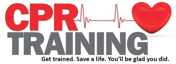 Text reading 'CPR Training' with a heartbeat line and a red heart graphic, and the slogan 'Get trained. Save a life. You'll be glad you did.'