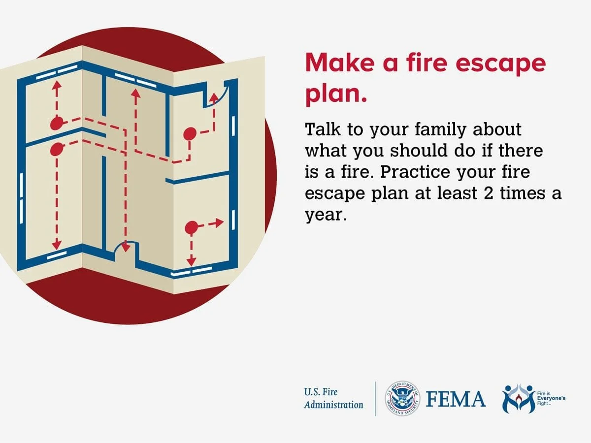 Diagram of a home fire escape plan with four arrows showing escape routes from different rooms. The plan emphasizes practicing the escape plan at least twice a year. The image includes logos of U.S. Fire Administration, FEMA, and a fire safety slogan.