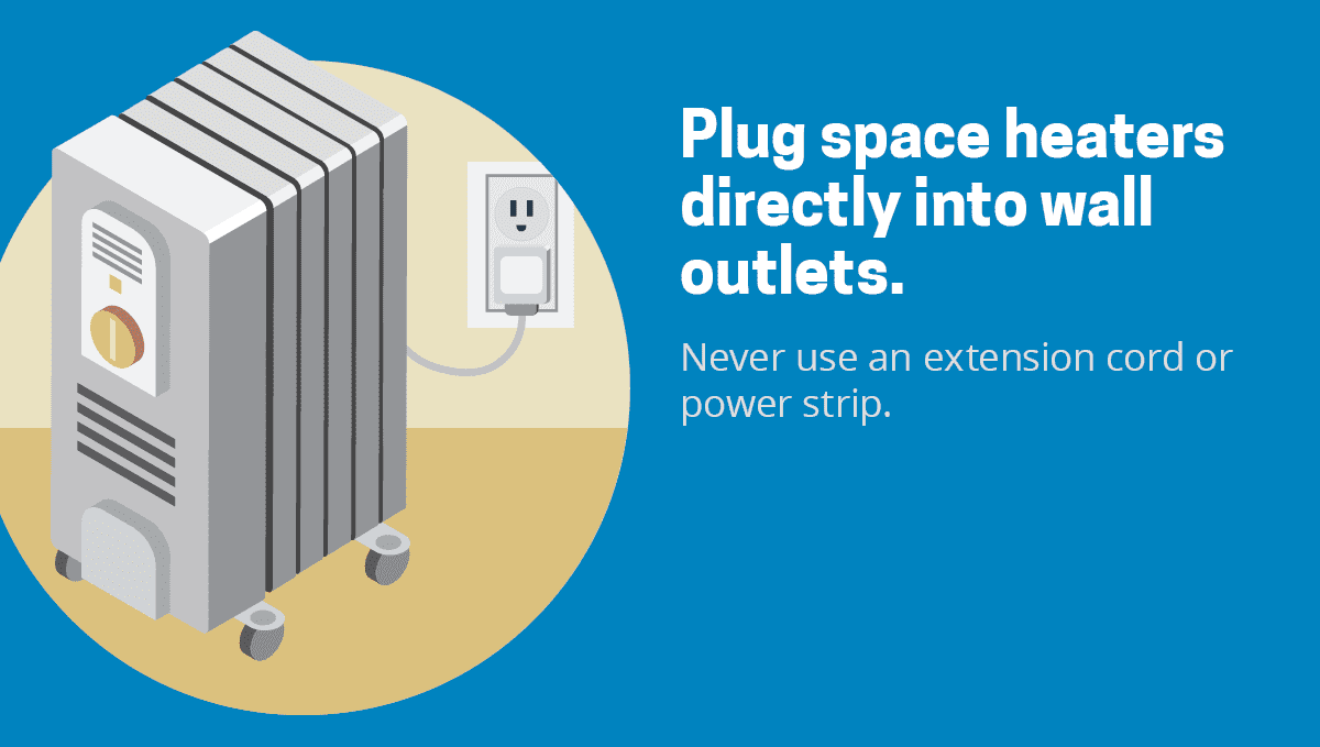 Illustration of a space heater plugged directly into a wall outlet with a message advising against using extension cords or power strips.
