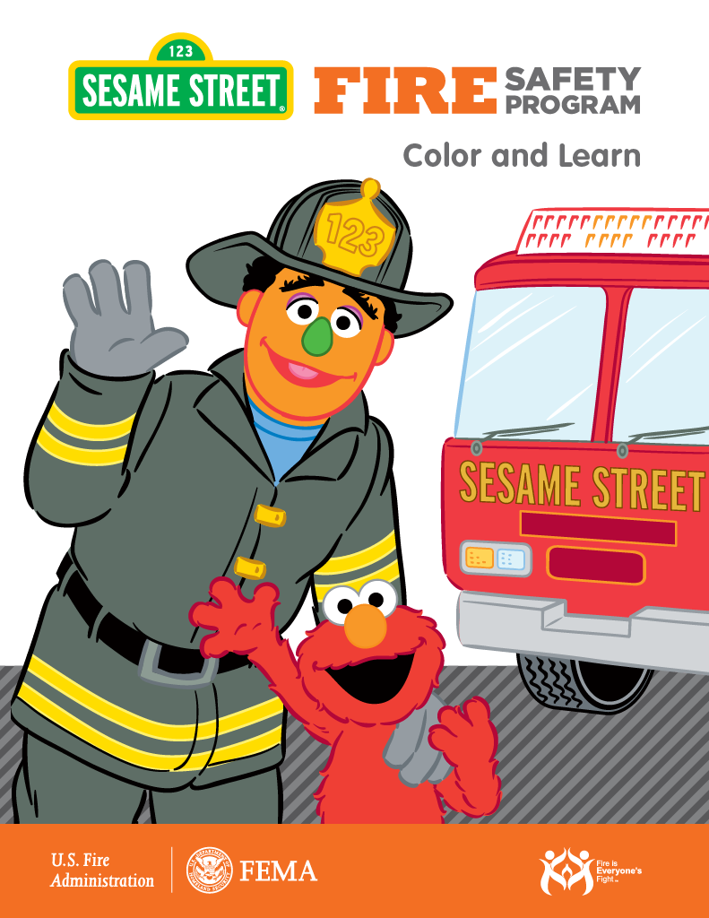 Cover of Sesame Street Fire Safety Program coloring and learning booklet featuring a firefighter with a gray uniform, a red fire truck, and Elmo waving.