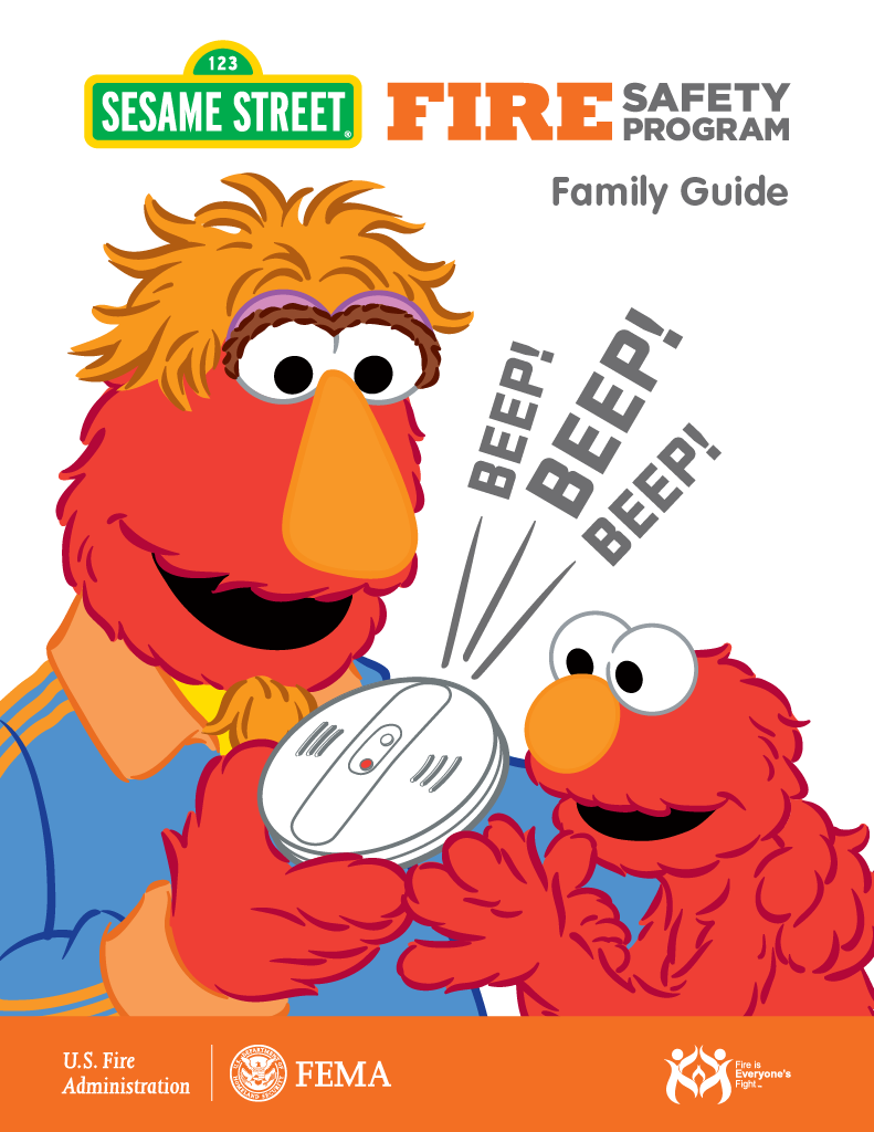 Cover of Sesame Street Fire Safety Program Family Guide featuring Big Bird and Elmo with a smoke detector, saying 'Beep! Beep! Beep!'
