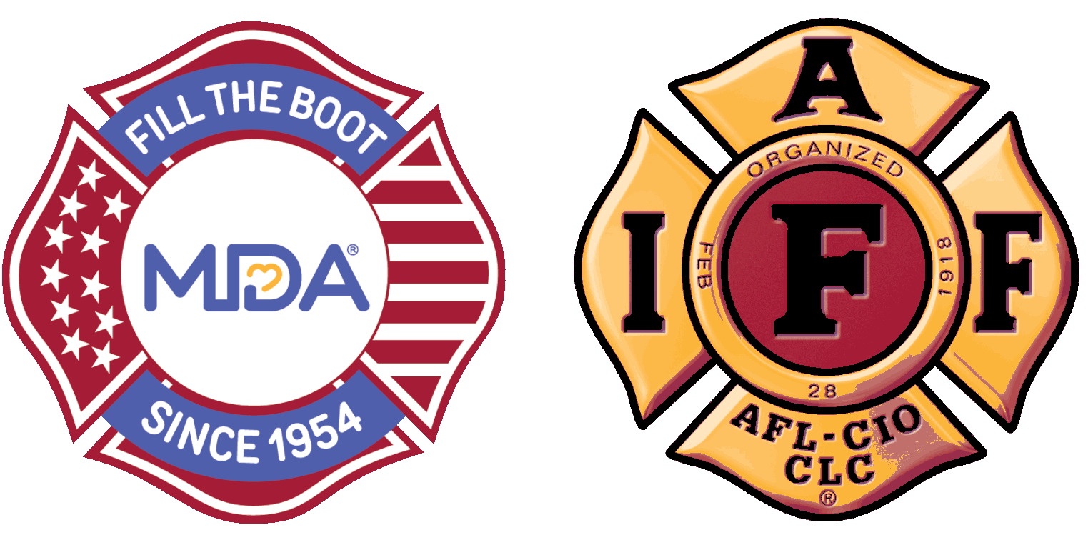 Two firefighting organization badges, one with the text 'Fill the Boot' and 'since 1954,' the other with the acronyms 'IAFF' and 'AFL-CIO' and the date 1918.