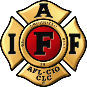 Logo of the International Association of Fire Fighters (IAFF) featuring a gold Maltese cross with black letters and a red center with a black 'F' in the middle, surrounded by the text 'Organized Feb 81' and 'AFL-CIO CLC'.