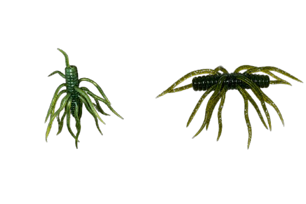 Green and yellow Crazy Critter crawfish-style fishing baits.