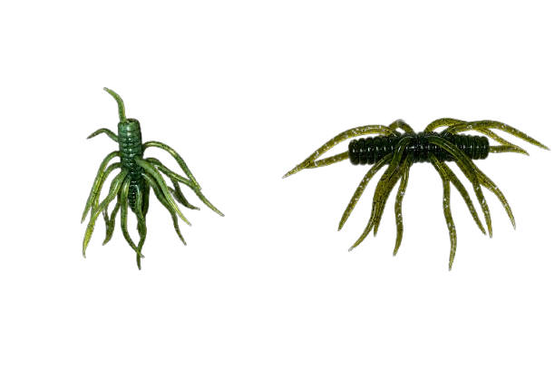 Green and yellow Crazy Critter fishing baits with segmented bodies.