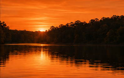 Sunset over a tree-lined river with an orange reflection on the water.