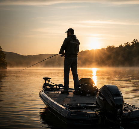 Angler fishing from a boat at sunrise on a calm lake.