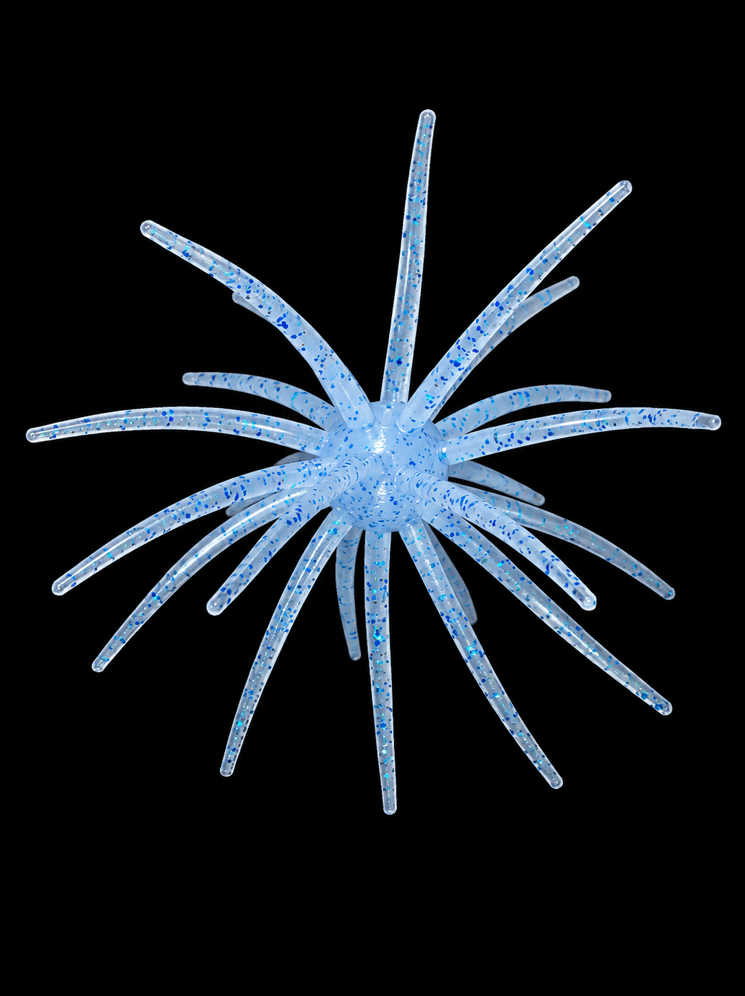 Blue and white speckled custom fishing Urchin lure on a black background.