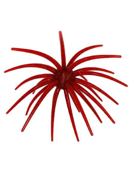 Red custom fishing Urchin lure on a black background.