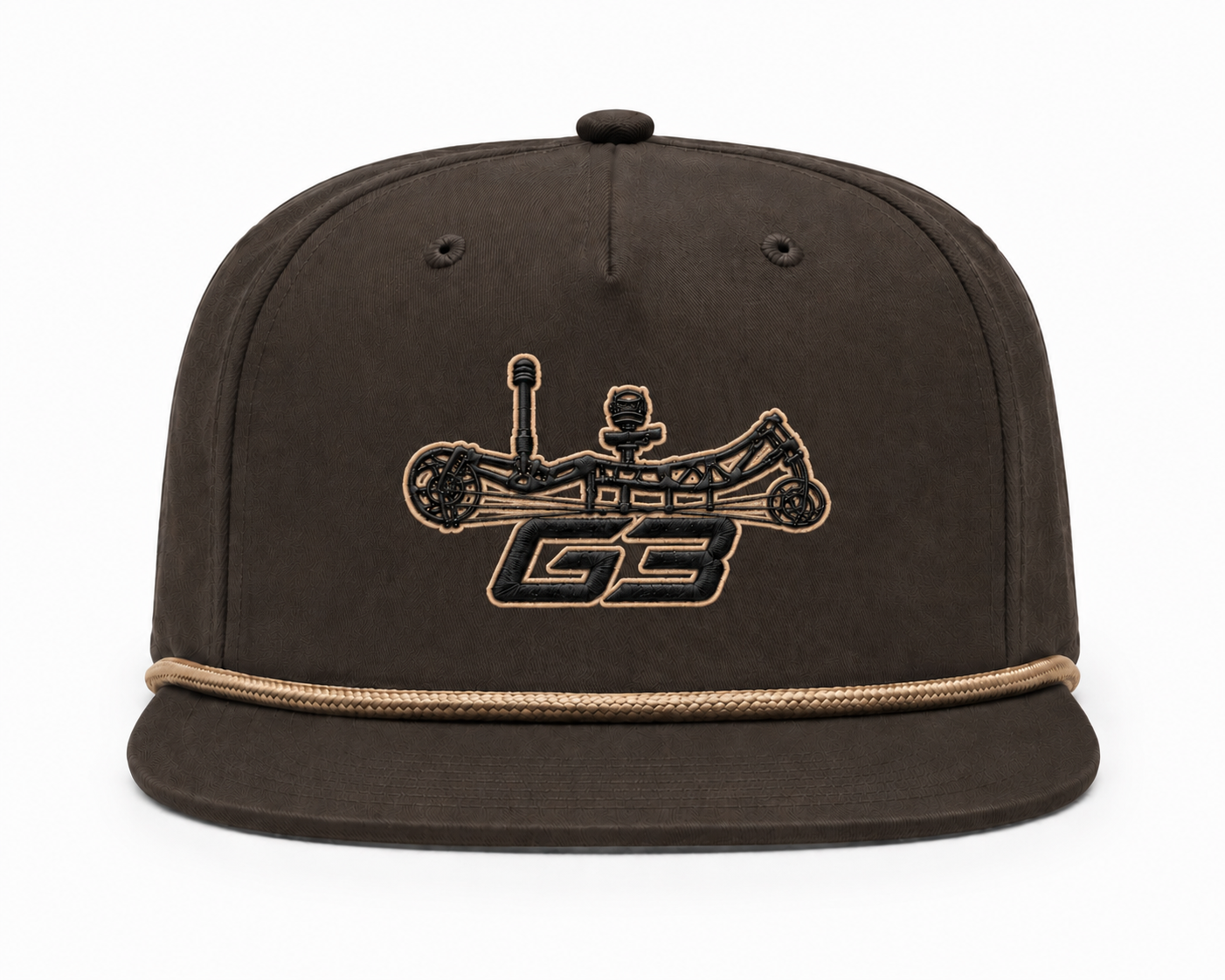 A black baseball cap with a beige brim featuring a patch of a bicycle with the text 'G3' embroidered below it.