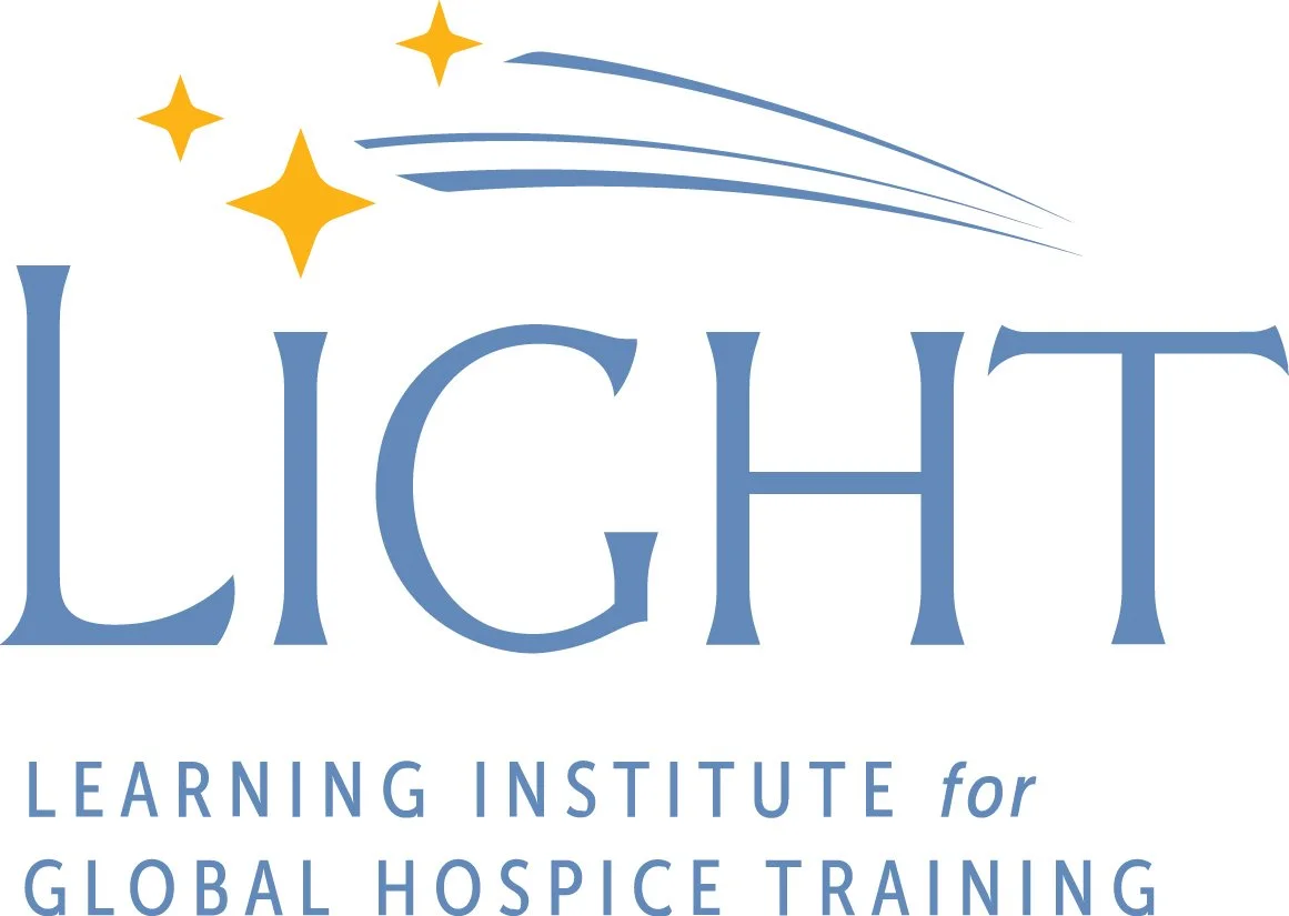 Logo for Light Learning Institute for Global Hospice Training featuring stylized blue text with yellow stars and shooting star graphic above.