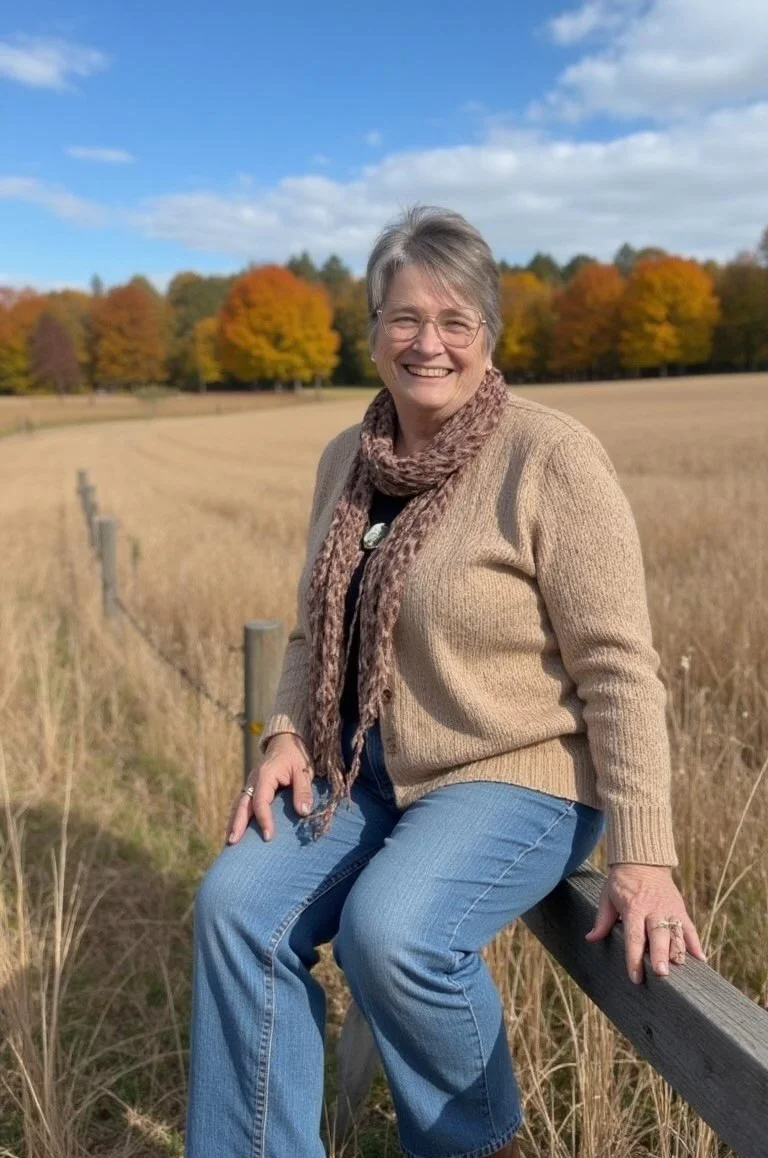 A smiling woman with glasses and short gray hair sitting on a wooden fence in a field with tall grass, autumn trees with colorful leaves, blue sky, and some clouds.
