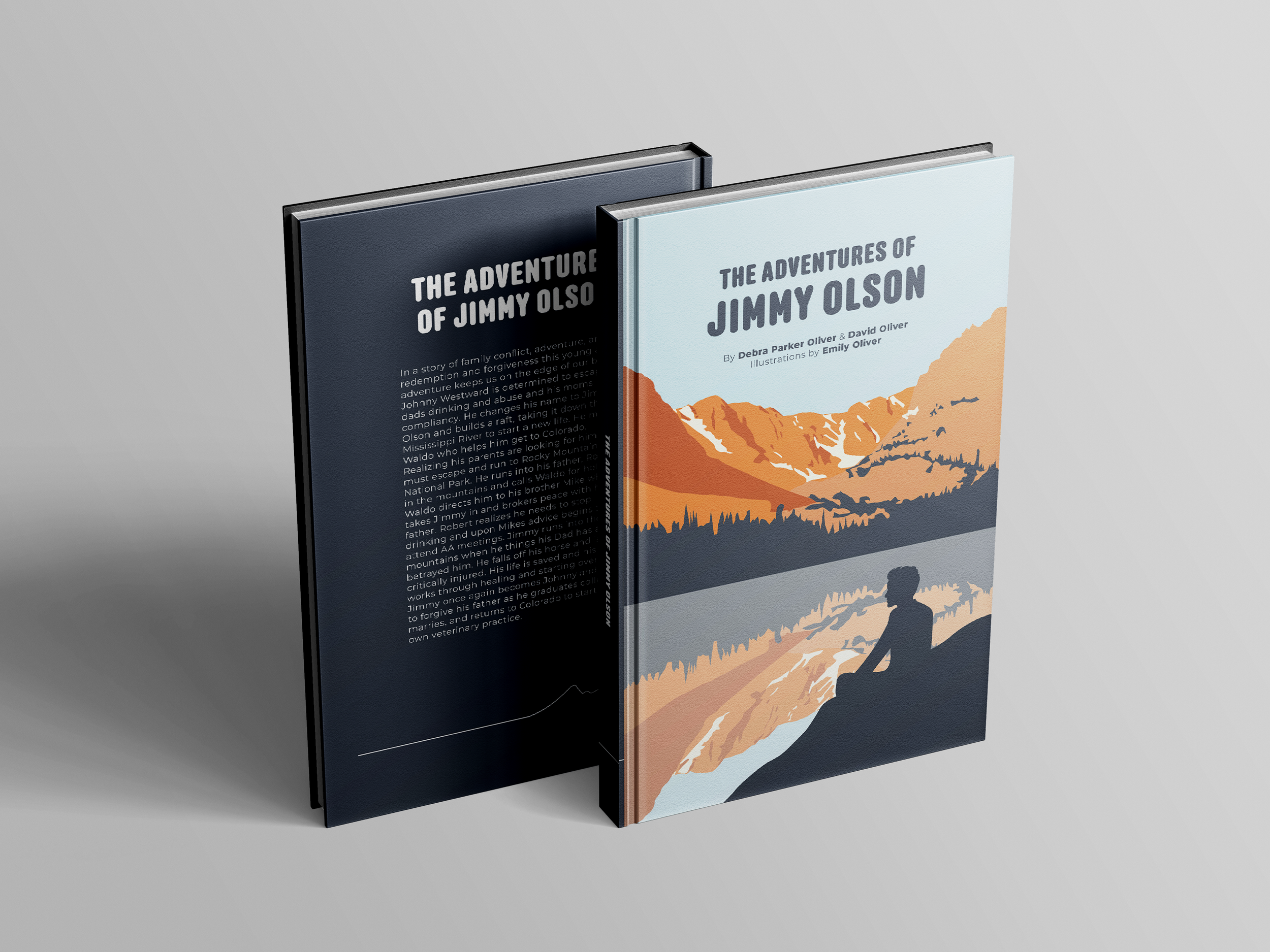 Two books titled "The Adventures of Jimmy Olson" stand upright on a plain surface. One book has a dark cover, the other a light cover with an orange mountain landscape illustration and a silhouette of a person at the bottom.