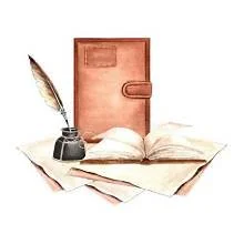 A closed brown journal, an open book, a feather quill, an ink bottle, and several loose sheets of paper.