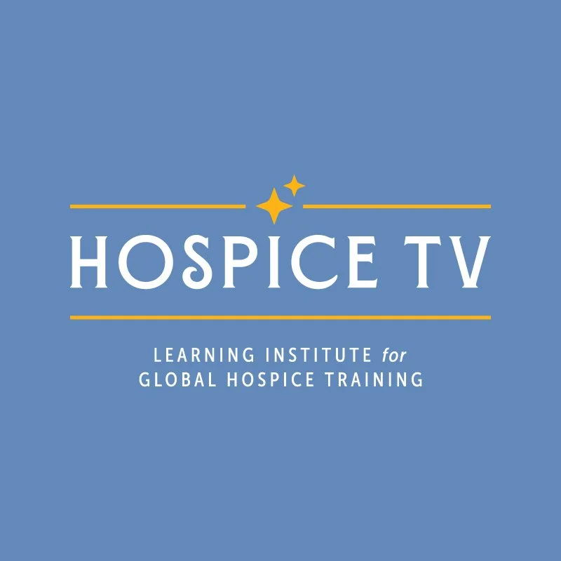 Logo for Hospice TV with the subtitle Learning Institute for Global Hospice Training, set against a blue background with yellow star accents.
