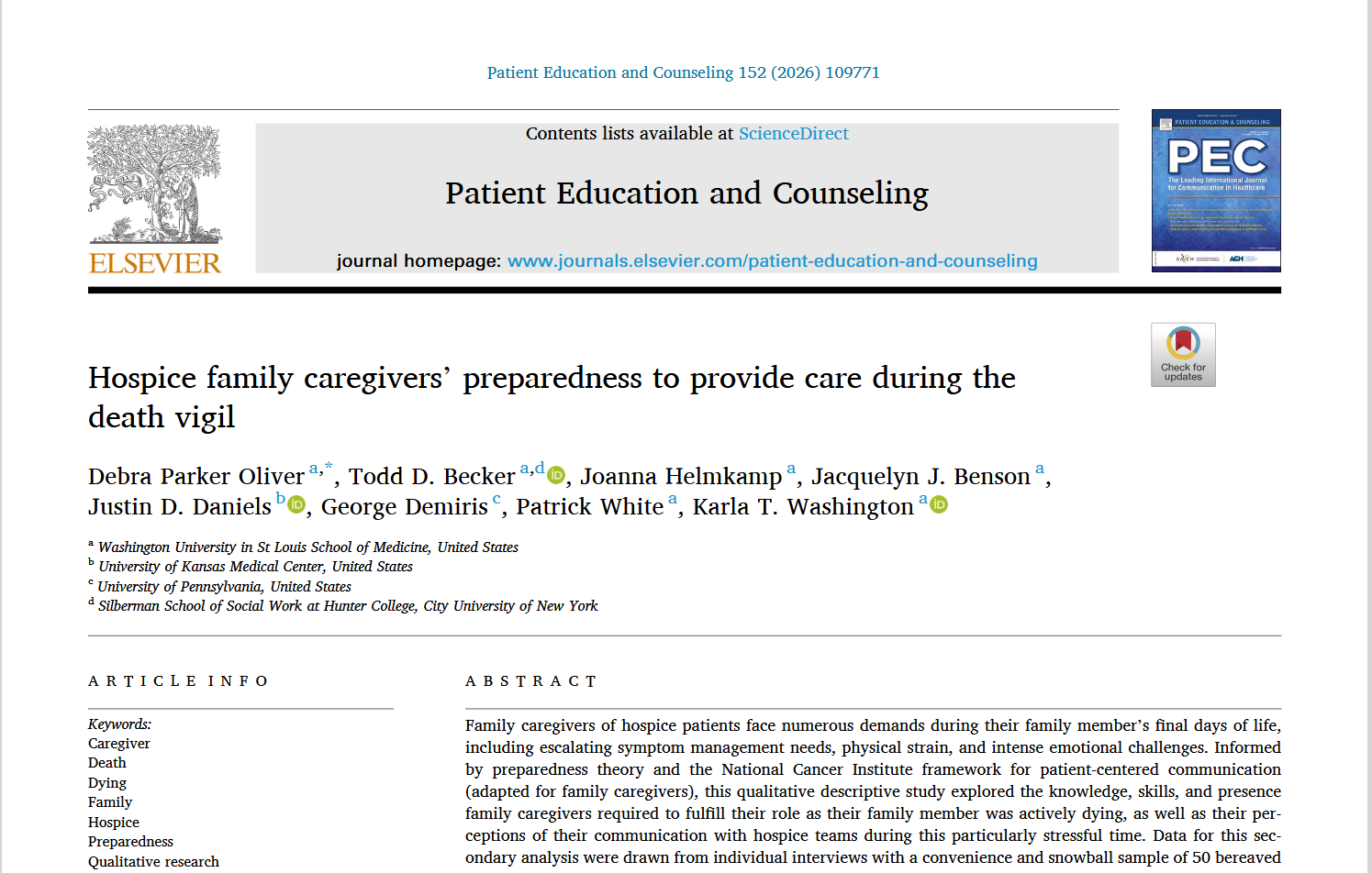 Screenshot of a PDF journal article titled 'Hospice family caregivers' preparedness to provide care during the death vigil,' from the journal 'Patient Education and Counseling.' The first page includes author names, their affiliations, and an abstract discussing family caregivers' experiences with hospice patients at the end of life.