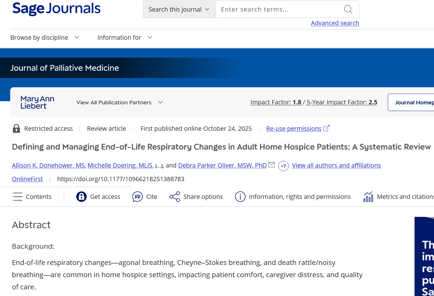 Screenshot of a journal article page from Sage Journals titled "Defining and Managing End-of-Life Respiratory Changes in Adult Home Hospice Patients: A Systematic Review" authored by Allison K. Donehower, MS, Michelle Doering, MLIS, and others, published online October 24, 2025.