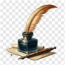 A feather quill pen in an ink bottle resting on an open notebook with a drawing instrument nearby