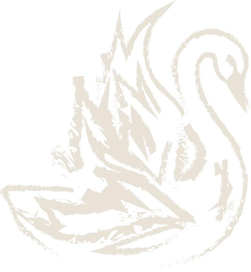A black and white abstract design with sharp, jagged lines and swirling shapes.